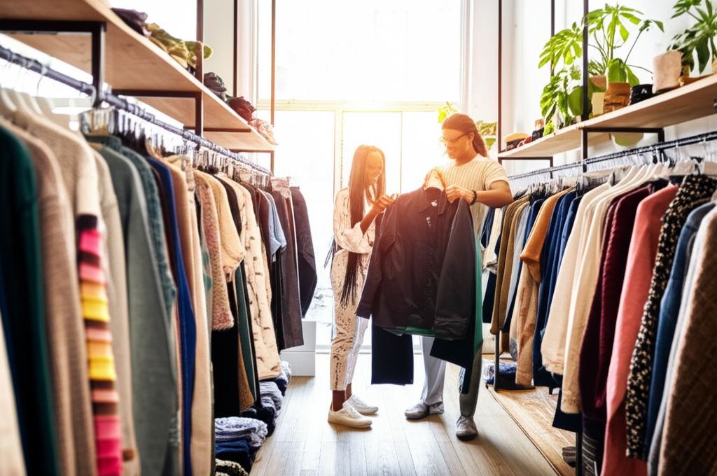 Personas comprando en tienda de ropa sostenible